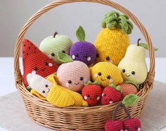 Kawaii Amigurumi Obst Häkelanleitung Bundle (9-in-1 Set) - Wassermelone Ananas Erdbeere Banane Kirsche Zitrone Pfirsich Apfel Birne Play Food