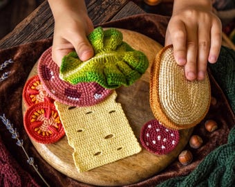 Sandwich Häkelanleitung - Amigurumi Play Food Set - Muster für Brot, Schinken, Käse, Tomate, Salami und Salat - Montessori Küchen Spielzeug
