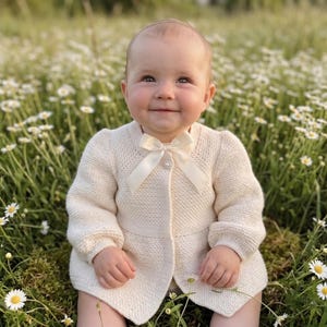 May include: A cream-coloured knitted baby cardigan with a satin bow and button fastening. The long-sleeved jacket has a classic design. The baby is sitting in a field of daisies.