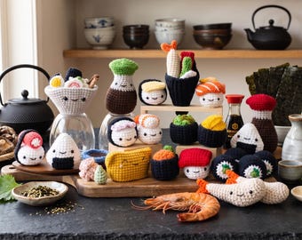 Padrão de crochê de sushi fofo, conjunto de sushi amigurumi em PDF, tutorial de comida de crochê kawaii, amigurumi passo a passo com fotos, artesanato de comida de brinquedo