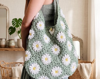 Daisy häkeln Taschenmuster, Blumen Oma Quadrat Hobo Bag PDF, Retro Boho Schultertasche Tutorial, 3D Floral häkeln Geldbörse, digitaler Download