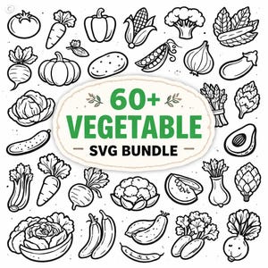 Op de afbeelding: Zwart-wit illustratie van diverse groenten, waaronder een tomaat, wortel, paprika en maïs. De afbeelding bevat de tekst "60+ VEGETABLE SVG BUNDLE" in het groen.