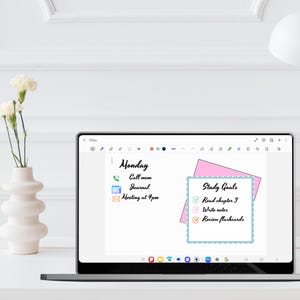 May include: A laptop displays a digital planner with the word "Monday" at the top. The planner includes a to-do list with items like "Call mom," "Journal," and "Meeting at 4pm." Study goals are also listed.