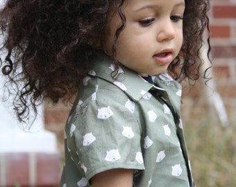 Cute Bear Button Up Shirt / Toddler button down shirt/ boy short sleeve button up shirt