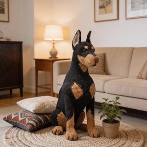 May include: A large, handmade crochet dog in a sitting position. The dog is black with tan markings and a tan snout. It sits on a round, woven rug. Decorative pillows and a small potted plant are nearby. The dog is a decorative item.
