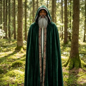 May include: A dark green hooded cloak with a decorative trim, worn in a forest setting. The cloak has a long, flowing design and a hood. The trim features a detailed pattern. The person wearing the cloak has a long, gray beard.