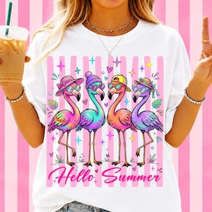May include: White t-shirt featuring a colorful graphic of four flamingoes wearing hats and sunglasses, with the text "Hello Summer" in pink. The design is set against a pink striped background.