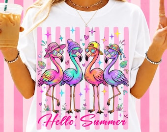 Hello Summer Flamingo PNG, Beach Girl Tropical Design (Digital Download)