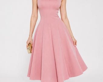 Mauve Pleated Midi Dress | Elegant Sweetheart Neckline A-Line Party Dress | Summer Wedding Guest Outfit Formal Evening Wear Gift for Her