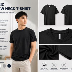 Puede incluir: Camiseta negra de cuello redondo. La imagen muestra a un hombre usando la camiseta, junto con primeros planos de la tela y las costuras. La camiseta está hecha de 100% algodón, es transpirable y tiene un ajuste regular. Disponible en negro, blanco, gris jaspeado y marino.