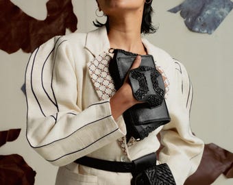 Econock Leather Wristlet Bag, Timeless Black Upcycled Leather Clutch, Sustainable Luxury Handbag, Handcrafted in India Travel Accessories