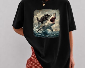 Black Cat Biting Shark Shirt, Funny Cat Lover Tshirt, Epic Graphic Tee, Angry Cat Meme T-shirt, Ironic Streetwear Gift, Animal lover Gift