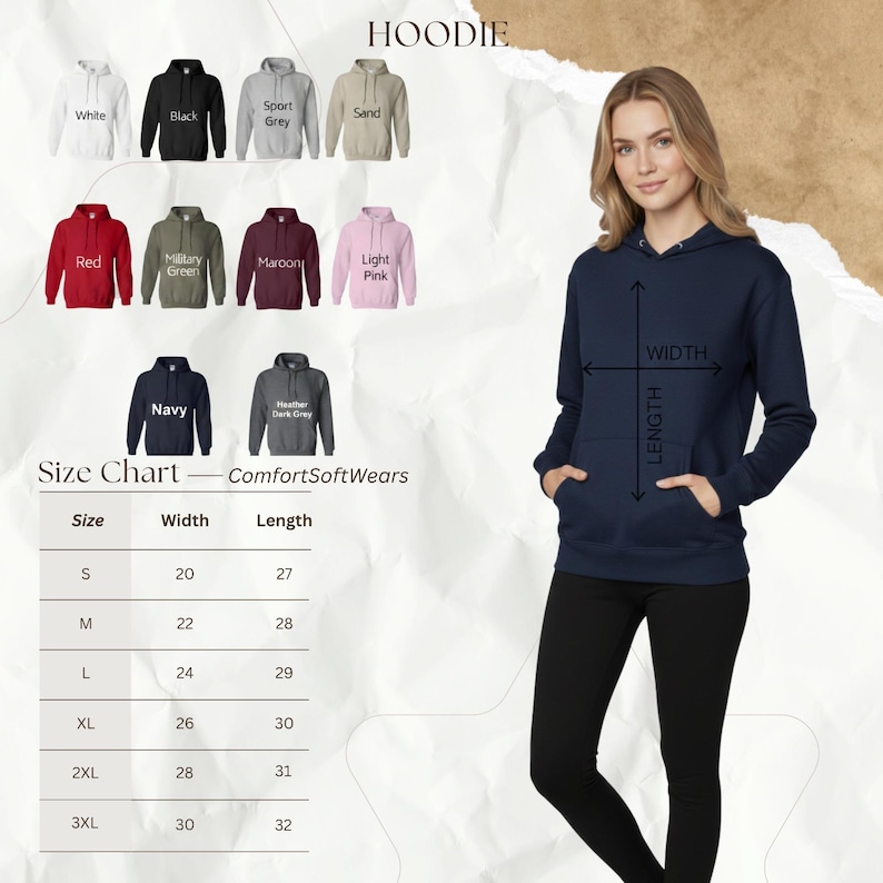 May include: A navy blue hoodie with a front pocket is displayed, with a size chart showing width and length measurements in inches. The image also showcases hoodies in various colors, including white, black, red, and gray.