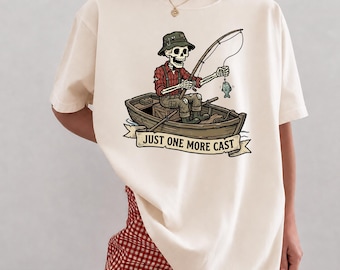 Comfort Colors Funny Fishing Shirt, Skeleton Fisherman Tee, Just One More Cast Graphic T-Shirt, Retro Dad Fishing Gift, Vintage Outdoors