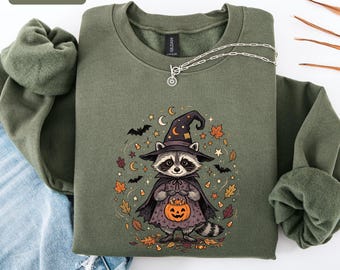 Witch Raccoon Sweatshirt, Cute Halloween Crewneck, Spooky Season Animal Shirt, Fall Autumn Aesthetic Sweater, Pumpkin Trick or Treat