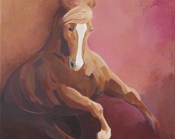 Peinture de cheval alezan originale à l'acrylique sur chassis toilé, 46x61 cm