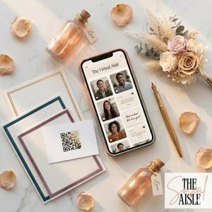 May include: A smartphone displaying "The Virtual Aisle" app is the focal point, alongside wedding-related items. A bouquet, a gold pen, and two small bottles with corks are visible. Invitation cards and a card with a QR code are also present. The logo "THE AISLE" is at the bottom.