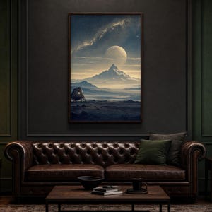 Puede incluir: Un cuadro rectangular de pared que muestra un paisaje surrealista con una luna grande, un pico montañoso central y un pequeño módulo de aterrizaje lunar sobre una superficie rocosa, expuesto en una habitación oscura con un sofá de cuero.
