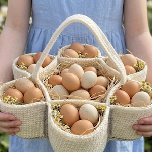 May include: A cream-colored, crocheted egg basket filled with brown and white eggs. The basket has a handle and is divided into several compartments, each holding eggs nestled in straw and small yellow flowers. The basket is held in front of a background of flowers.