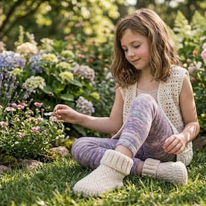 May include: A young person sits cross-legged in a garden, surrounded by colorful flowers and greenery. They wear a cream-colored crocheted vest, patterned leggings, and matching knitted slippers. The scene is bathed in natural light.