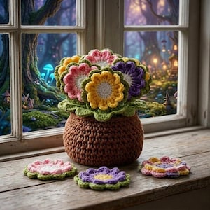 May include: A crocheted flower arrangement in a brown pot, with matching coasters. The flowers are in shades of yellow, pink, and purple, with green leaves. The coasters are pink, purple, and yellow. The arrangement sits on a wooden windowsill.