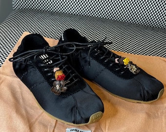 Miu Miu Plume Satin Lace-Up Sneakers with Floral Charms – Black | Size EU 37