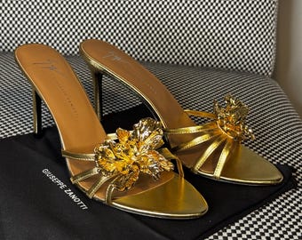 Giuseppe Zanotti Gold Floral Heel Sandals – Size EU 42