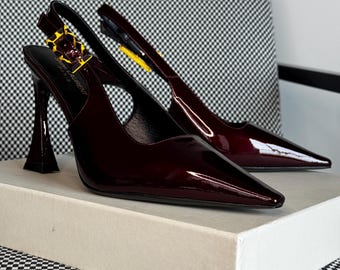 Saint Laurent Dune Patent Slingback Heels – Burgundy (EU 42)