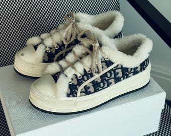 Christian Dior Walk’n’Dior Shearling Sneakers – Oblique Navy – Size 38