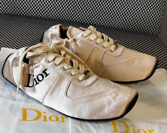 Christian Dior D-Way Satin Sneakers – Apricot / Champagne – Size 37 , fits 36