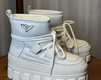 Prada Monolith White Leather Shearling Snow Boots EU 38 (fit EU37)