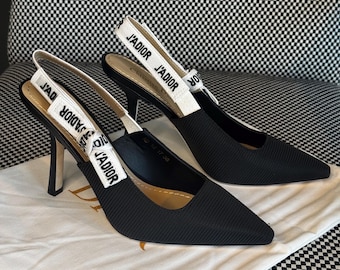 Zapatos de tacón Christian Dior J’Adior con tira trasera – Tejido técnico negro – Talla 38