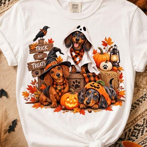 Puede incluir: Una camiseta blanca con un gráfico de tres perros salchicha con disfraces de Halloween. Uno lleva un sombrero de bruja, otro una sábana de fantasma y otro un sombrero de calabaza. Un letrero de madera dice Trick or Treats, rodeado de calabazas.