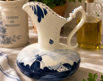 May include: A ceramic pitcher with a cream-colored base and blue hand-painted details. The body features a landscape scene with a windmill and a house. The handle is curved, and the rim has blue decorative accents. The surface has a subtle crackle finish.