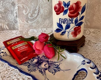 Antique French Farina Canister and Blue White Tray Duo – Hand-Painted Roses