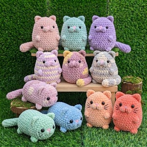 Op de afbeelding: Een verzameling van elf handgemaakte gehaakte kattenknuffels in verschillende kleuren, waaronder roze, blauw, paars en oranje. De knuffels hebben kleine, geborduurde gezichtskenmerken en zijn gerangschikt op een houten plank en op het gras.