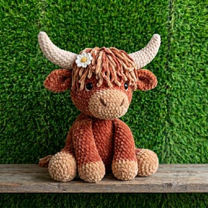 以下が含まれることがあります： 茶色とベージュの色合いの手作りのハイランド牛のおもちゃ。 牛は、大きく湾曲した角、ふわふわの前髪、小さな白い花が特徴です。 緑色の背景に対して、木製の表面に配置されています。