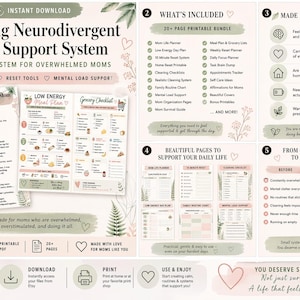 Könnte beinhalten: Ein druckbarer digitaler Download namens "Working Neurodivergent Mom Support System". Das Bundle enthält einen 20+ Seiten Planer mit Routinen, Reset-Tools und Unterstützung für die mentale Belastung. Das Design hat sanfte Farben und botanische Illustrationen.