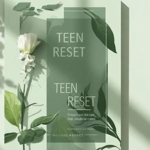 以下が含まれることがあります： 「TEEN RESET」の白い文字が入った、薄緑色のポスター。左側には白い花と緑の葉があります。ポスターには「Thapice you dut send fmp Sithda to calm」というテキストも含まれています。