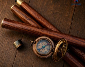 Bastón antiguo victoriano con brújula náutica: mango de latón, bastón plegable de 3 secciones, bastón de madera de 94 cm (37").