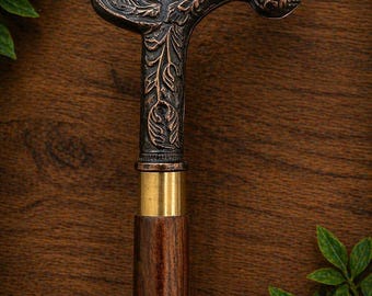 Victorian Antique Brass Handle Walking Stick: Brass, Wood, 3-Fold Cane (37")