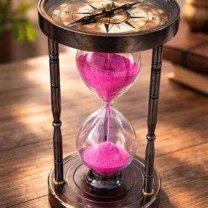 Puede incluir: Un reloj de arena de estilo antiguo con una brújula en la parte superior. El reloj de arena tiene una bombilla de vidrio transparente llena de arena rosa, sostenida por un marco de metal oscuro. La brújula presenta marcas direccionales y una aguja.