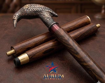 Victorian Hercules Bird Vintage Antique Hammer Walking Stick: Brass Handle, 3-Fold Cane, 37"