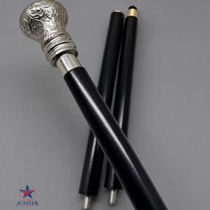 Victorian Hercules knob Unique Walking Stick: Brass Handle, 3-Fold Cane, 37"