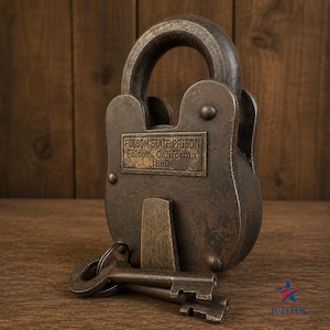 以下が含まれることがあります： 丸みを帯びたシャックルと、FOLSOM STATE PRISON, Folsom, California, 1880と刻印された長方形の真鍮プレートが付いた、重厚なダークブラウンの金属製南京錠。南京錠の本体の底には、お揃いの金属製の鍵が取り付けられています。