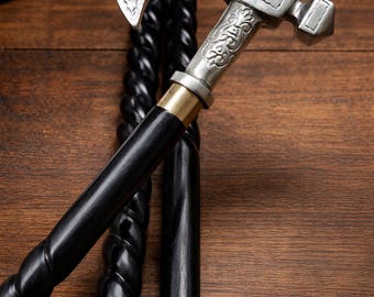 ビクトリア朝ヘラクレスアックス型ヴィンテージアンティークハンマー杖：真鍮製ハンドル、3つ折り木製杖、長さ37インチ