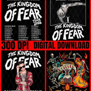 May include: A digital download graphic featuring Cameron Whitcomb The Kingdom of Fear Tour 2026 with tour dates, a black and white photograph of a tattooed person, and an illustration of skeletons around an hourglass with the word Quitter.