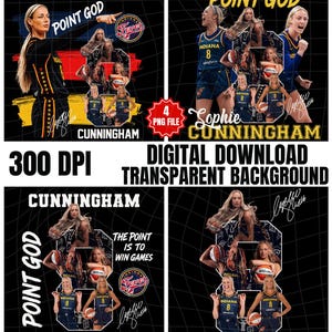 Può includere: Un set di download digitale di quattro file PNG con Sophie Cunningham in divise da basket dell'Indiana Fever. Le grafiche includono il testo Point God, Cunningham e The Point Is To Win Games, insieme a foto della giocatrice, palloni e firme.