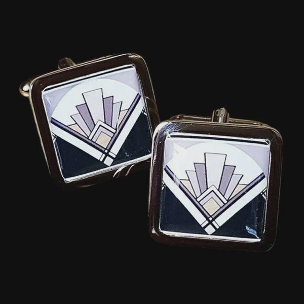 Art Deco Fan Cufflinks - cuffs, vintage, style, black and white, gift boxed