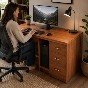 Planos para mesa de ordenador moderna de madera, escritorio para ordenador de bricolaje con armario para CPU, cajones y orificios para cables.